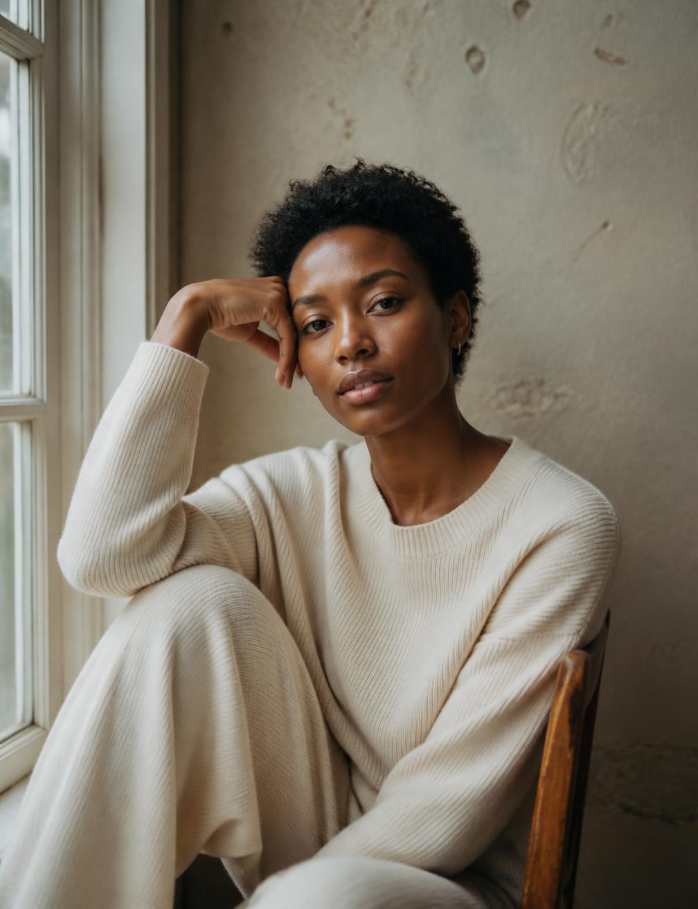 Portrait of Amara Monroe seated beside a window in soft daylight